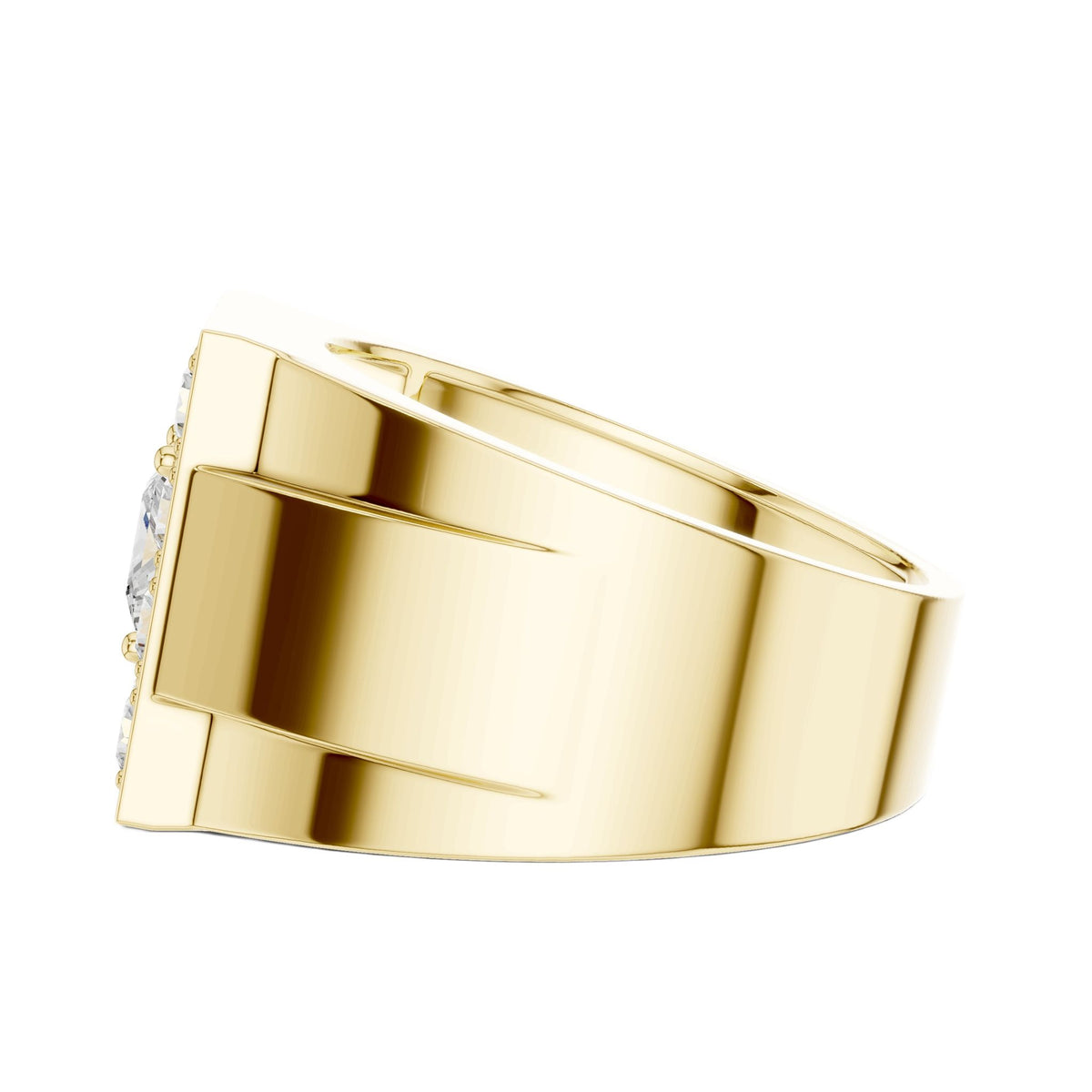 Yellow gold princess-cut diamond cluster ring, low profile side view of the band