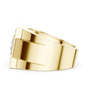 Yellow gold princess-cut diamond cluster ring, low profile side view of the band