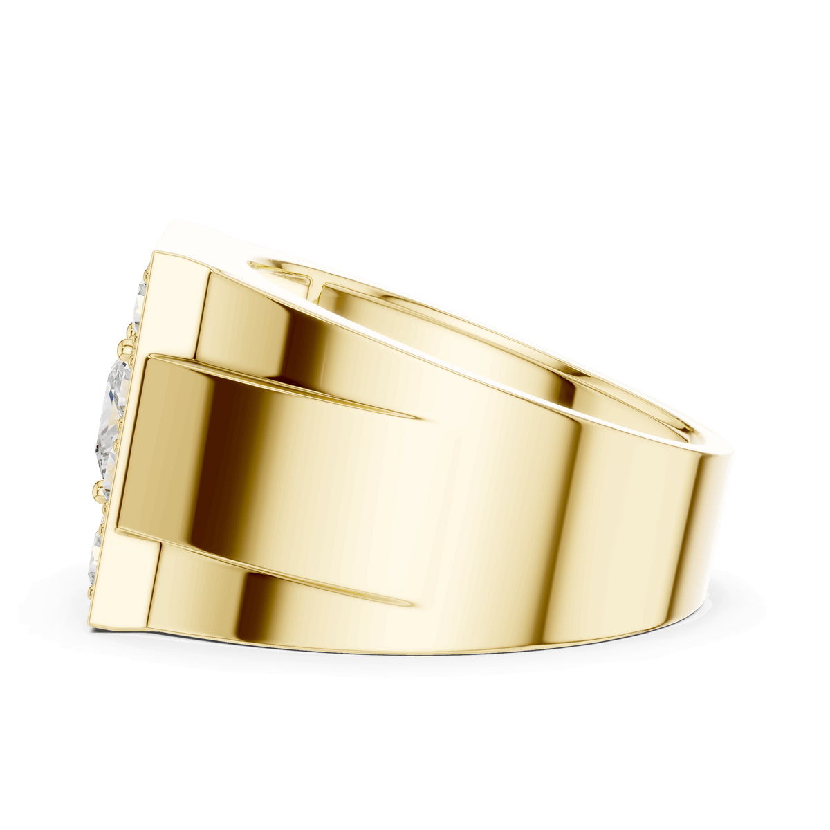 Yellow gold princess-cut diamond cluster ring, low profile side view of the band