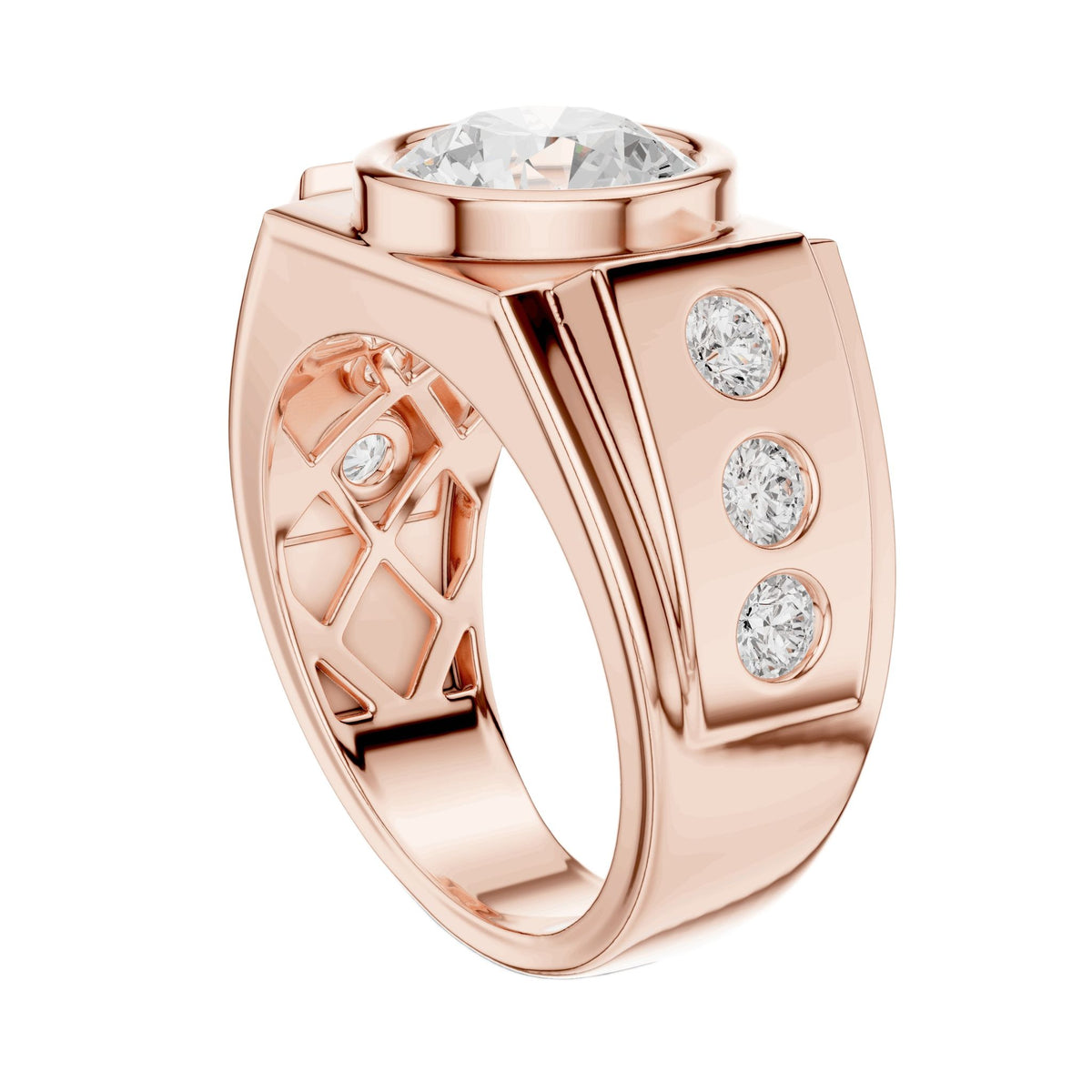 Rose gold ring with a round center diamond and three small side diamonds