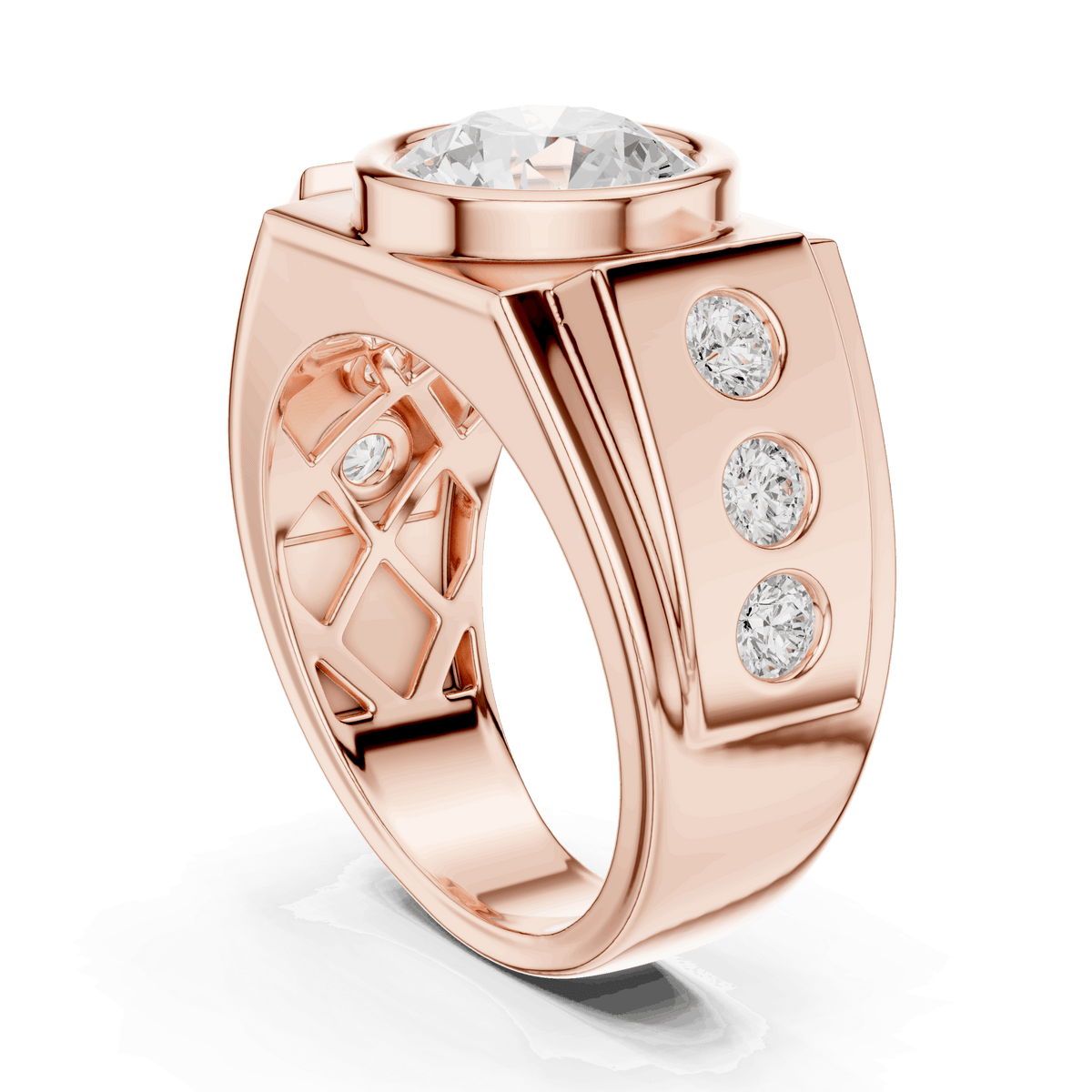 Rose gold ring with a round center diamond and three small side diamonds