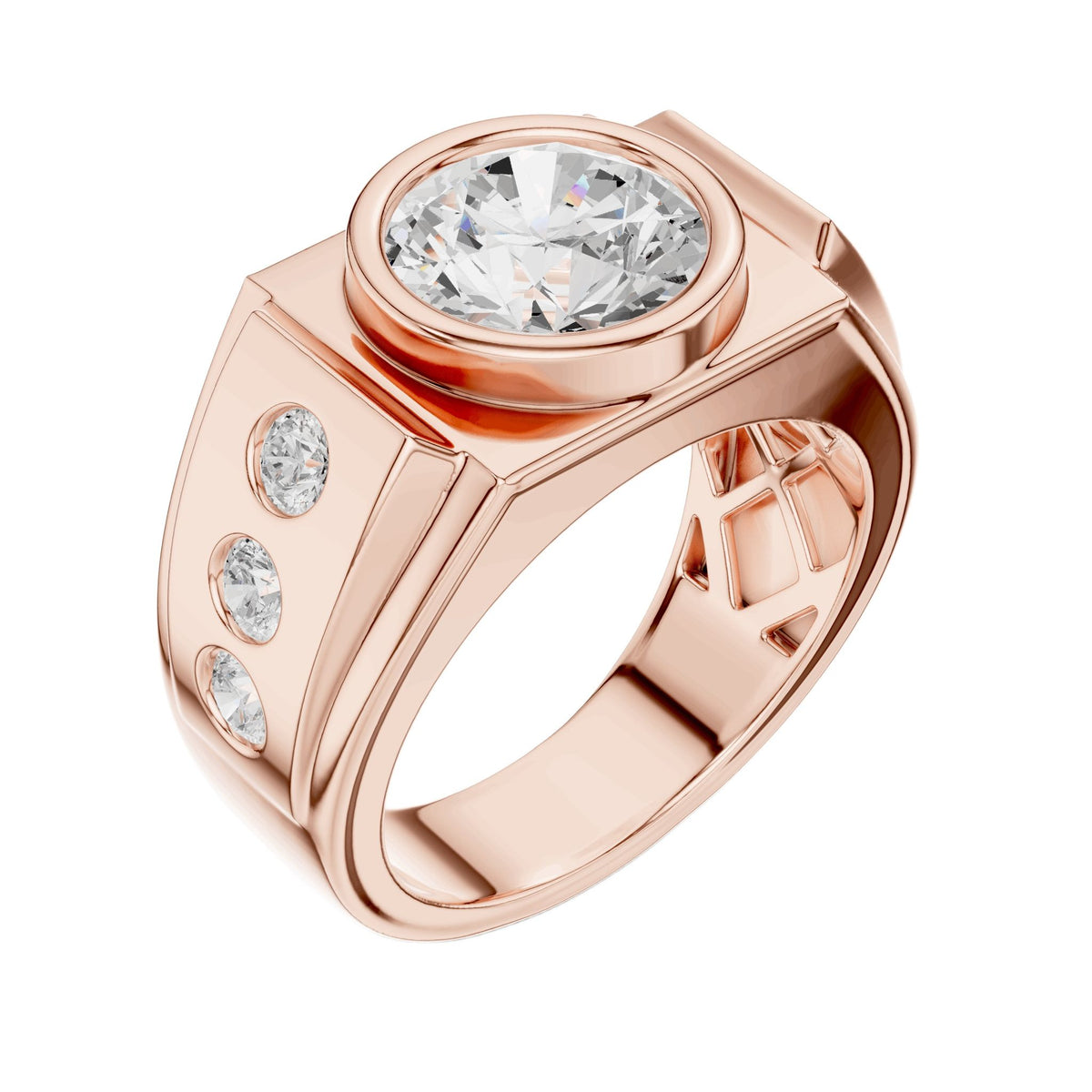 Rose gold ring angled view with a center round diamond and three side diamonds