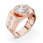 Rose gold ring angled view with a center round diamond and three side diamonds