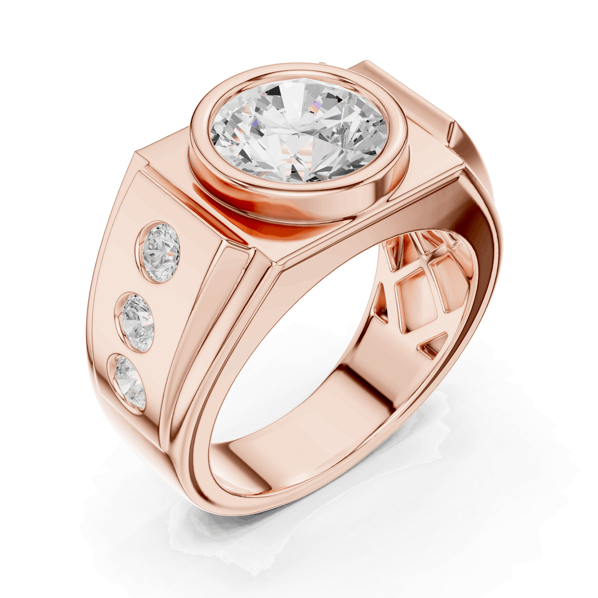 Rose gold ring angled view with a center round diamond and three side diamonds