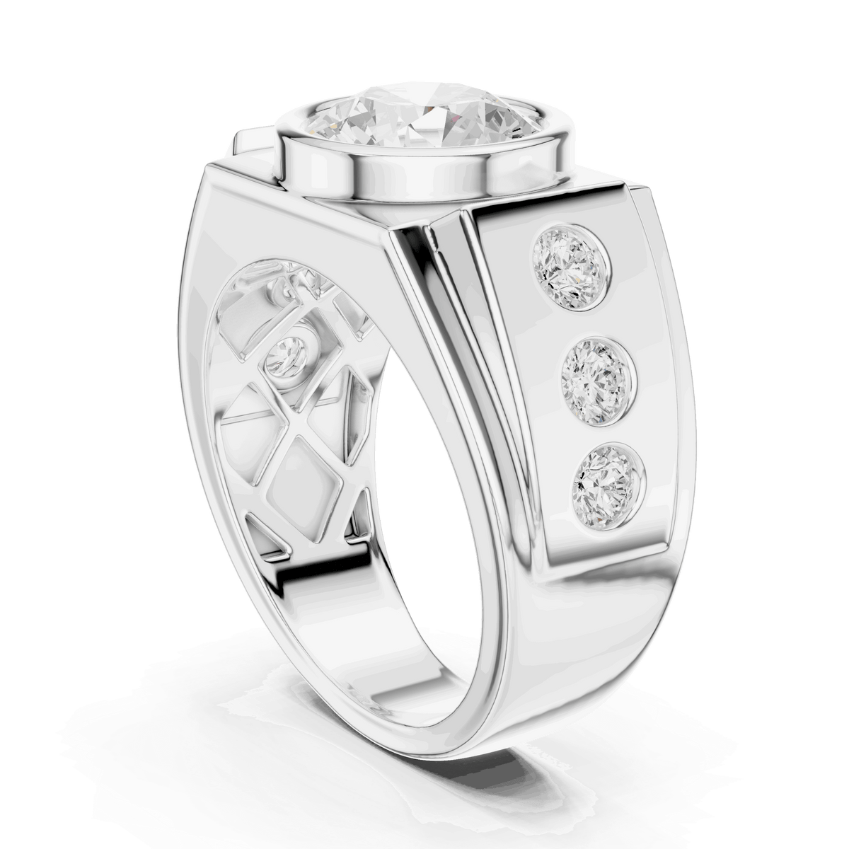 White gold ring with a center round diamond and three small side diamonds