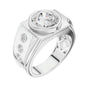 White gold ring angled view with center round diamond and three side diamonds
