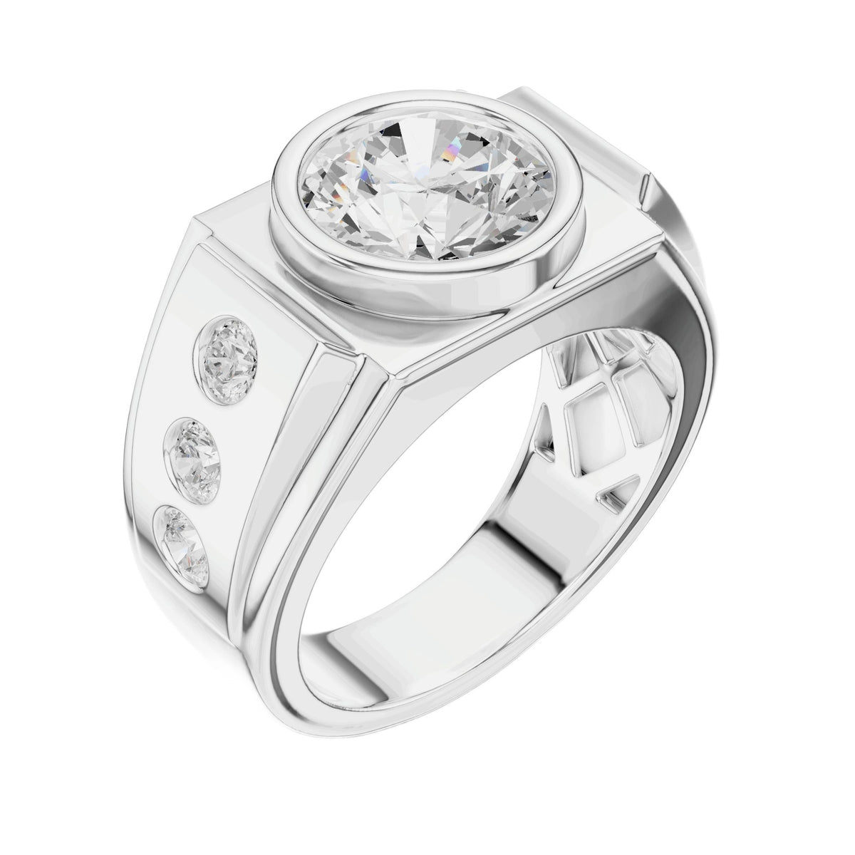 White gold ring angled view with center round diamond and three side diamonds