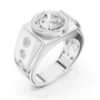 White gold ring angled view with center round diamond and three side diamonds