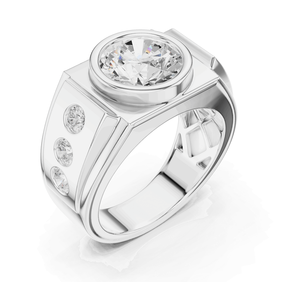 White gold ring angled view with center round diamond and three side diamonds
