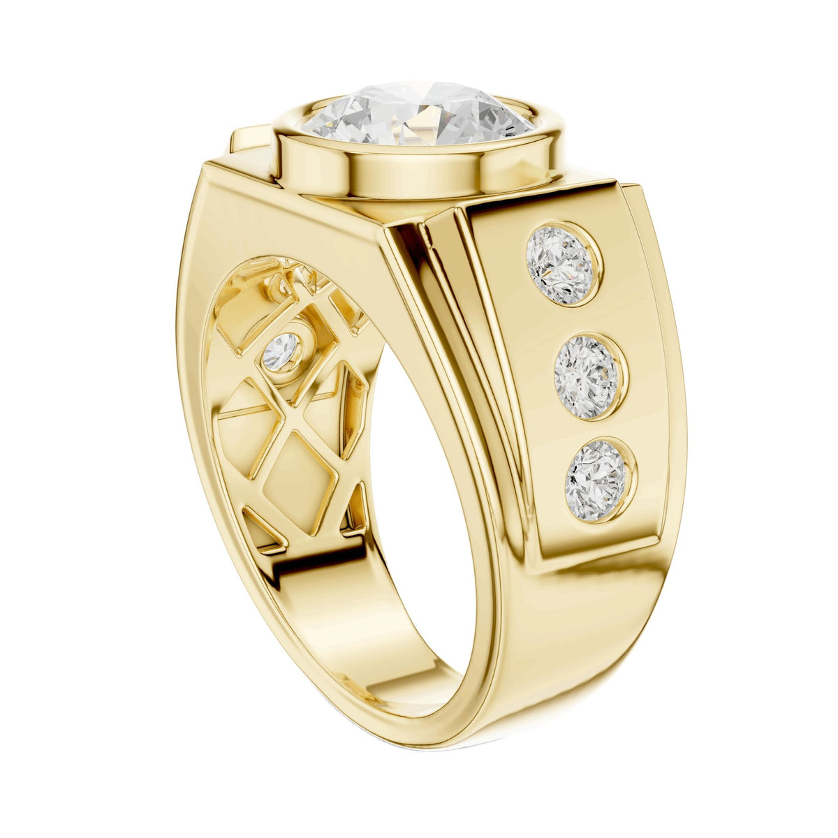 Yellow gold ring with a center round diamond and three small side diamonds