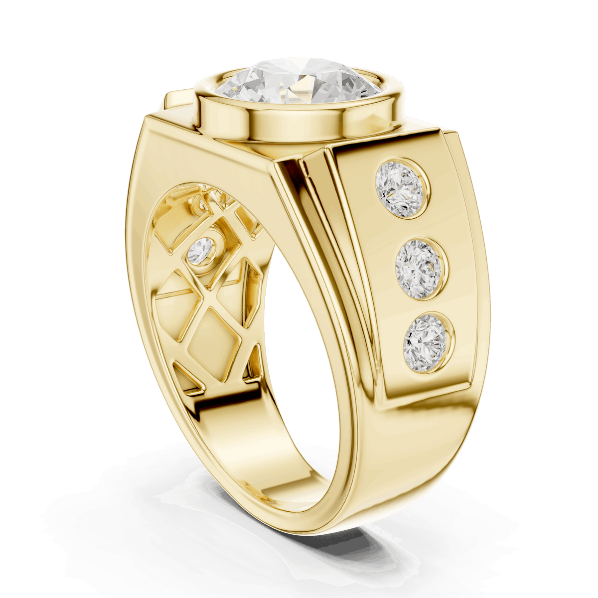 Yellow gold ring with a center round diamond and three small side diamonds