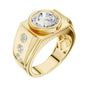 Yellow gold ring angled view with center round diamond and three side diamonds