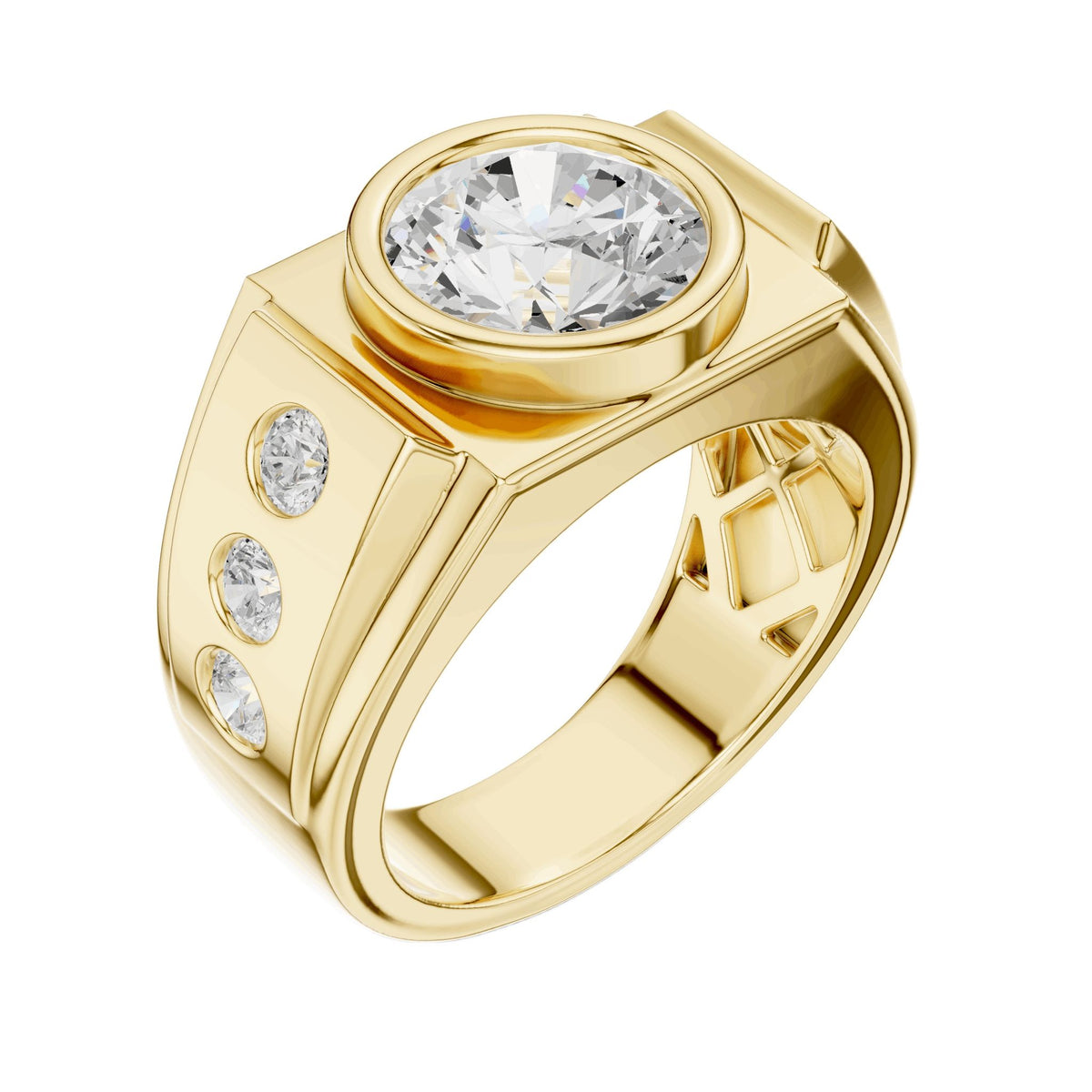 Yellow gold ring angled view with center round diamond and three side diamonds