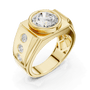 Yellow gold ring angled view with center round diamond and three side diamonds