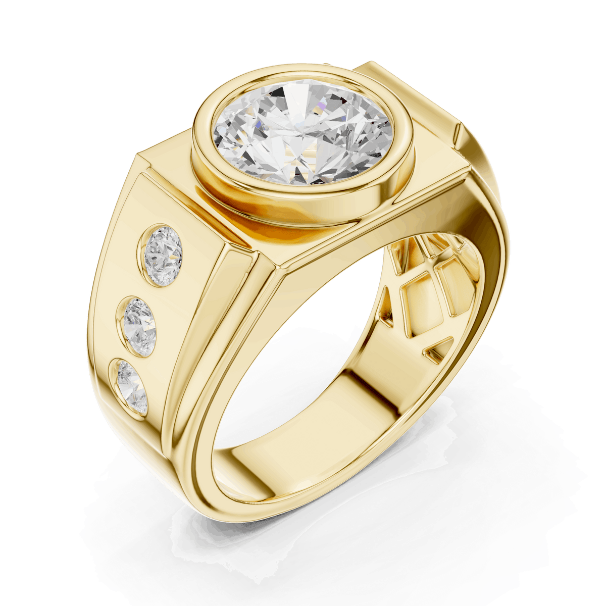 Yellow gold ring angled view with center round diamond and three side diamonds