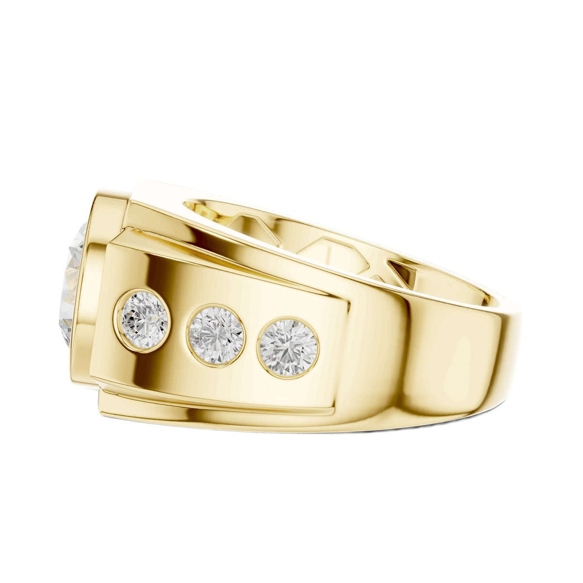 Yellow gold diamond ring with three round diamonds on the band