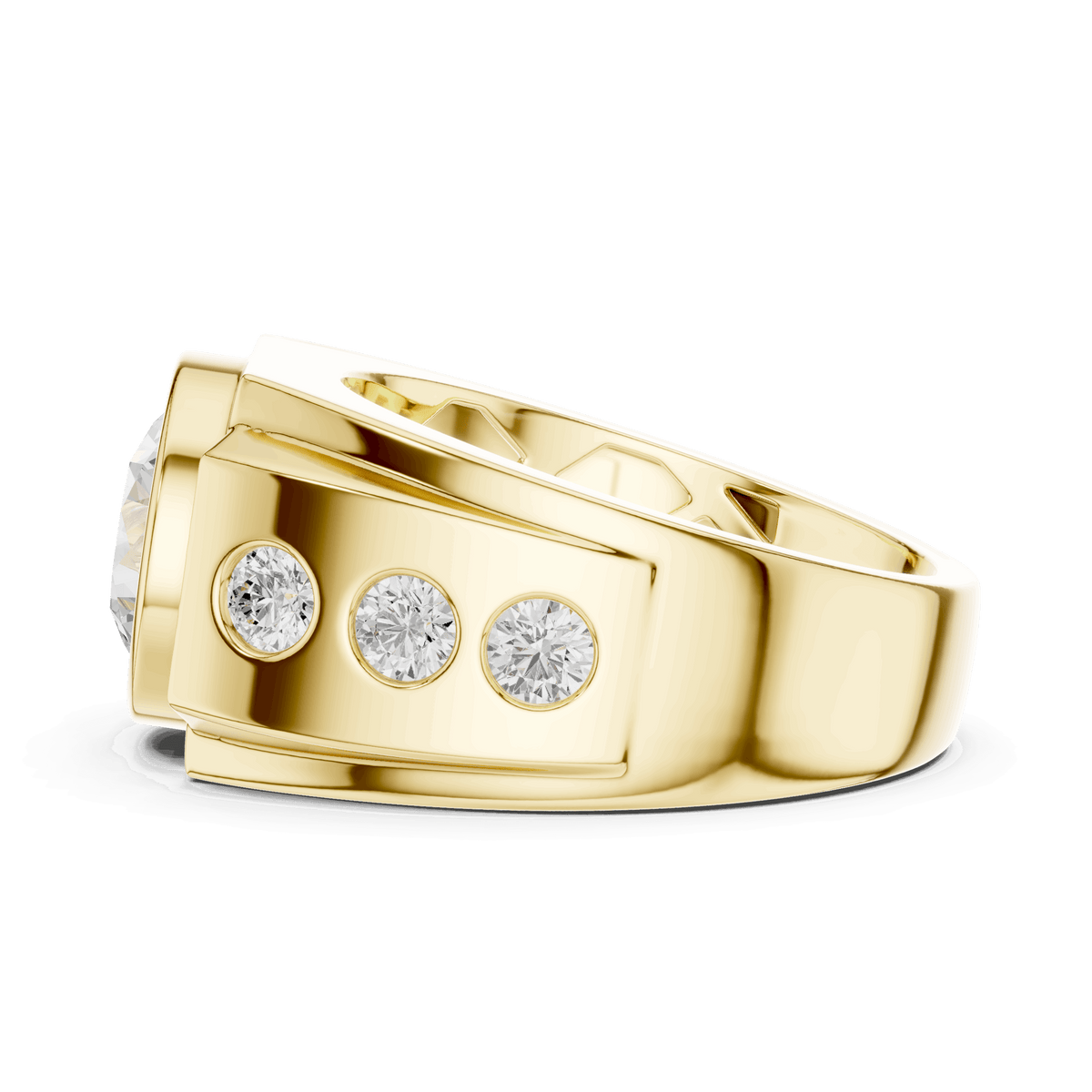 Yellow gold diamond ring with three round diamonds on the band