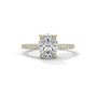 Oval diamond ring in yellow gold with pavé band and raised center stone