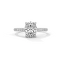 Oval diamond ring in white gold with pavé band and raised center stone
