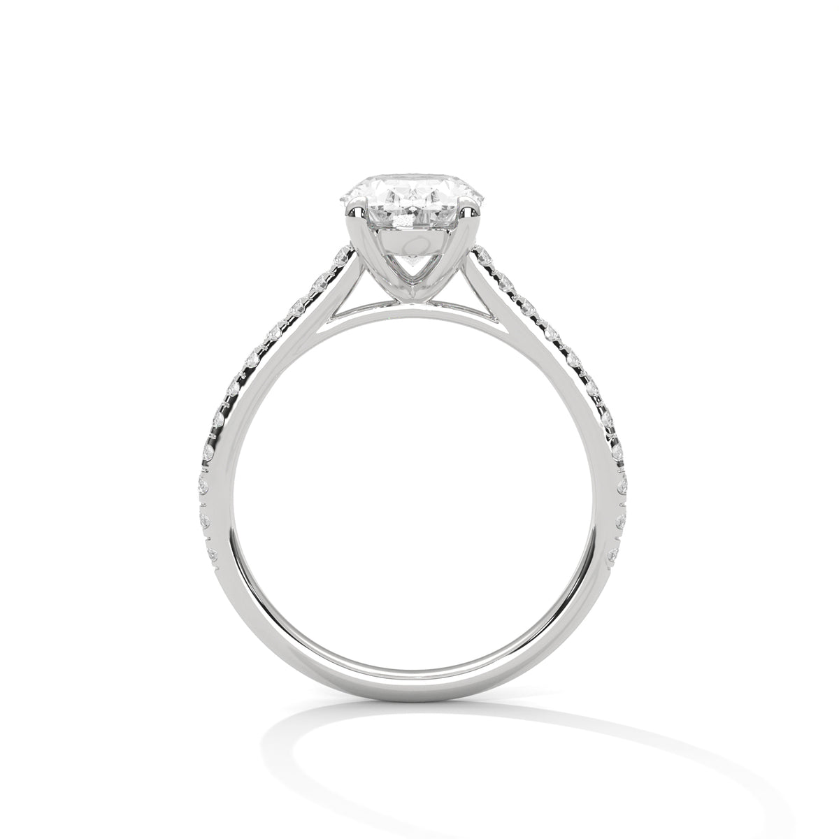 Oval diamond ring in white gold with four-prong setting, top view