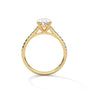 Oval diamond ring in yellow gold with four-prong setting and decorative shoulders