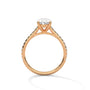 Oval diamond ring in rose gold with four-prong setting, top view