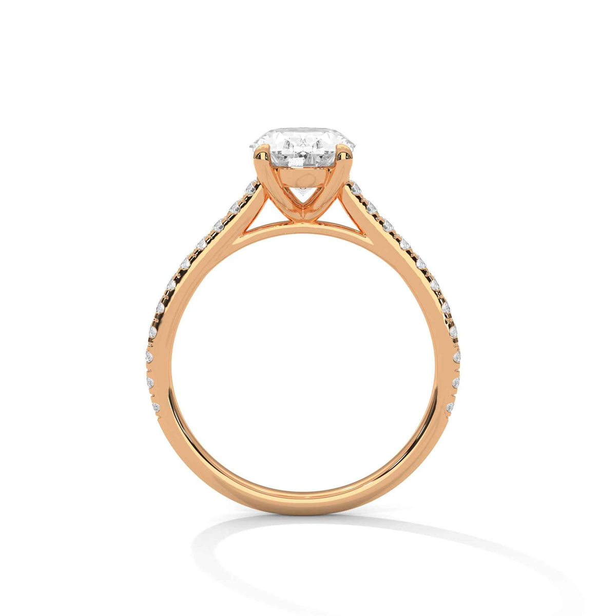 Oval diamond ring in rose gold with four-prong setting, top view