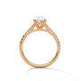 Oval diamond ring in rose gold with four-prong setting, top view