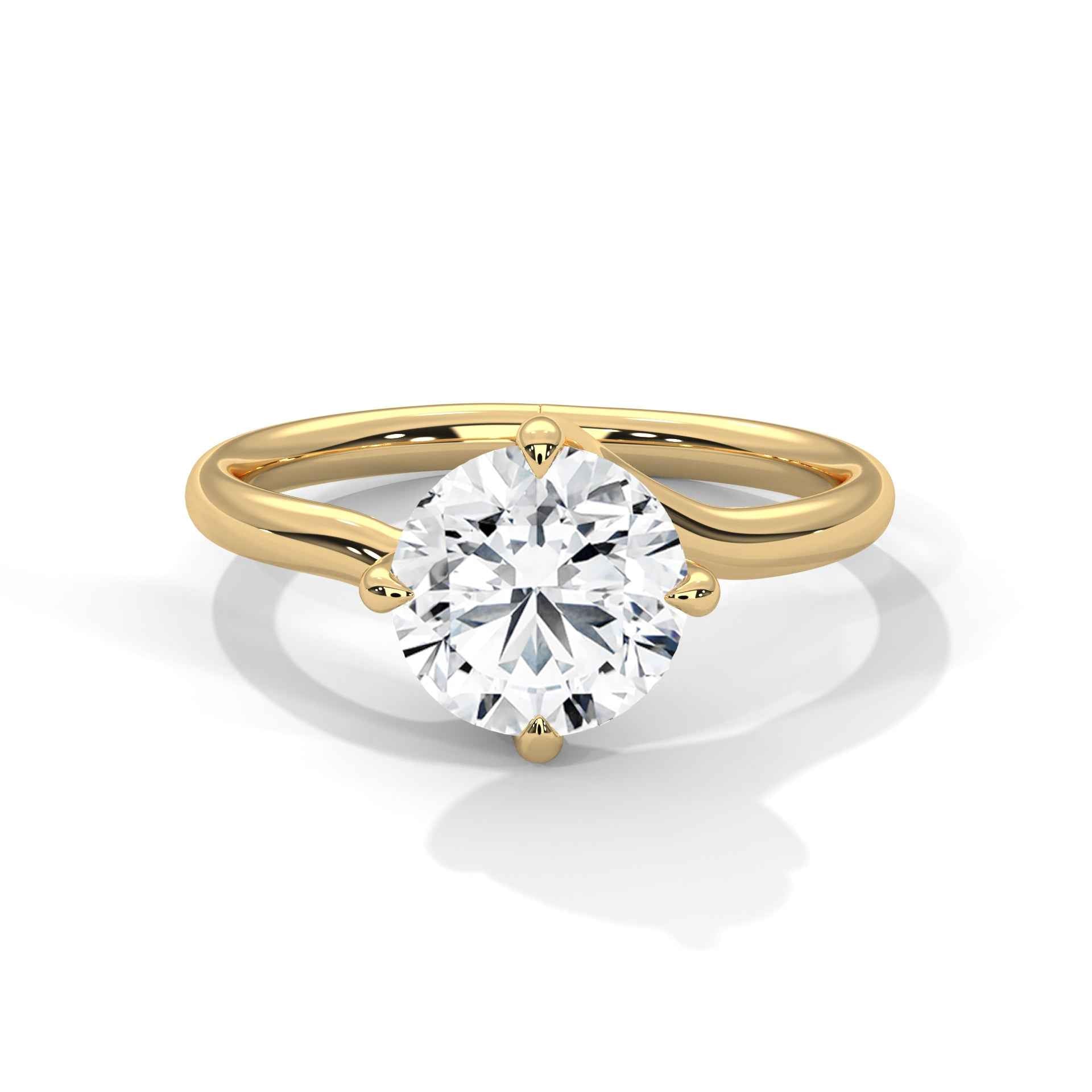 Yellow gold diamond ring with a round center stone and split twisted band