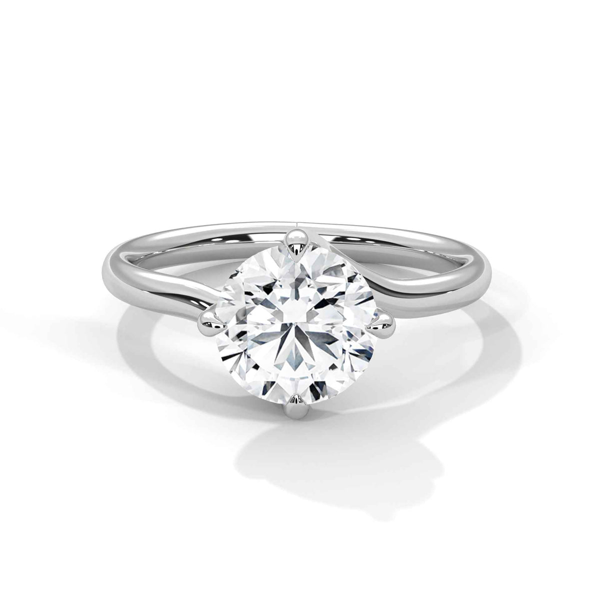 White gold diamond ring featuring a round center stone with a twisted open band