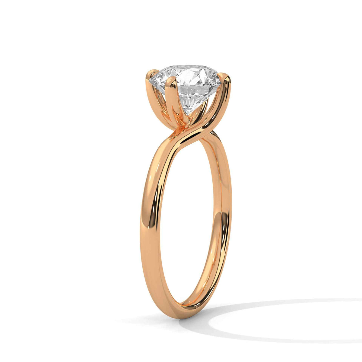Rose gold diamond ring in side view with a round center stone and twisted top