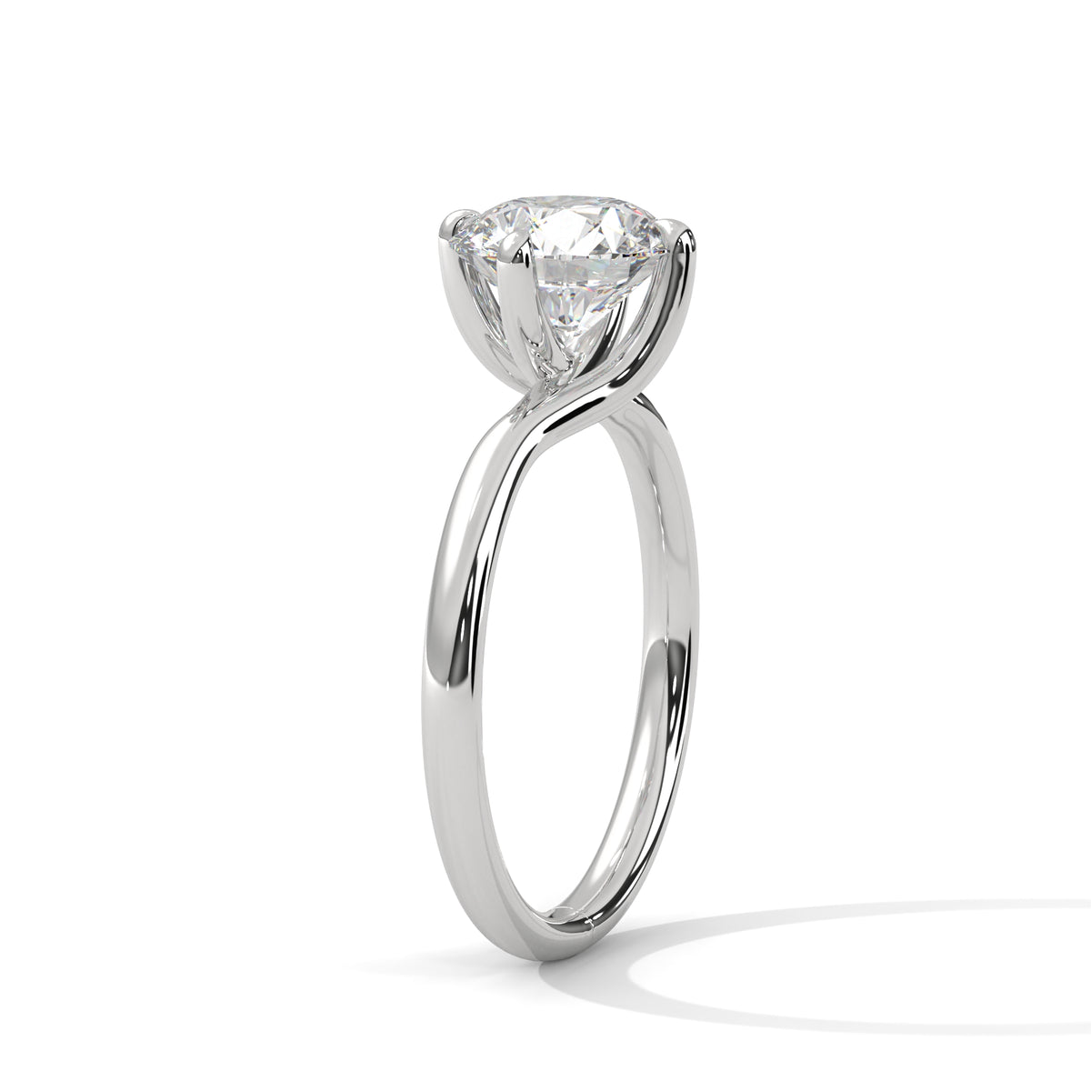 White gold diamond ring in side view with a round center stone and twisted top
