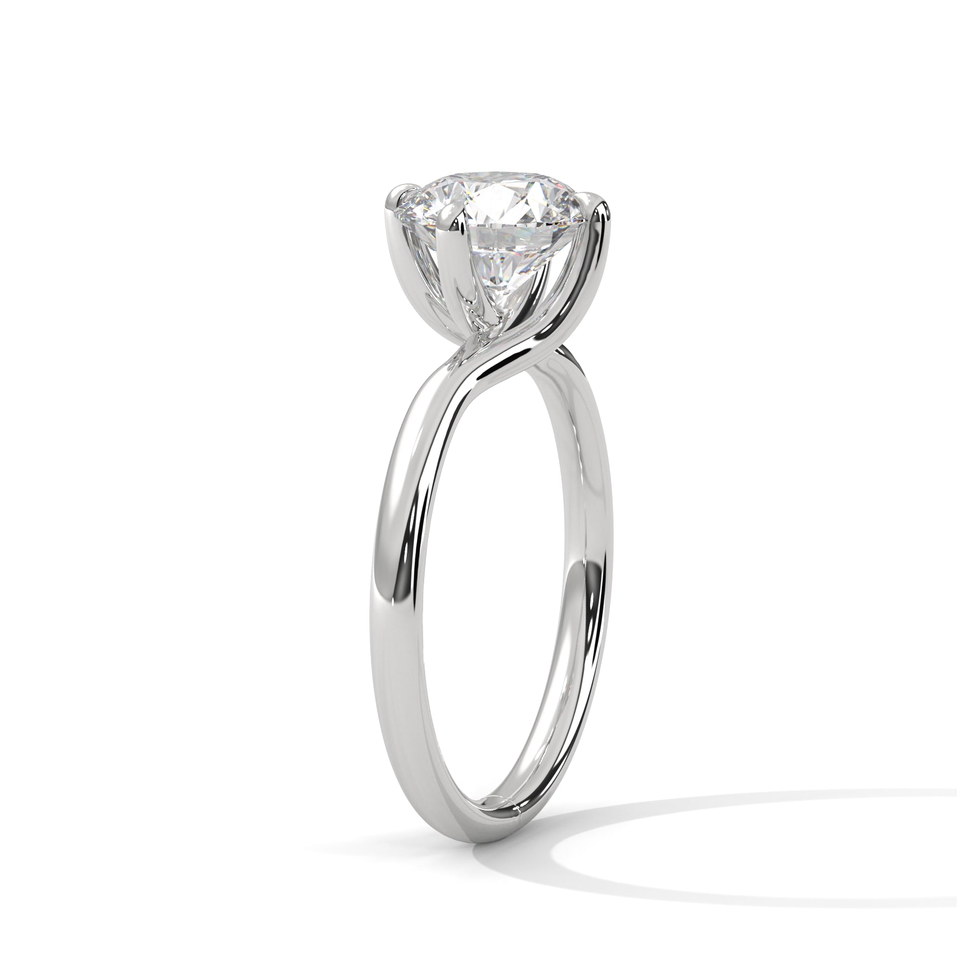 Silver-colored round solitaire engagement ring with teardrop prong setting