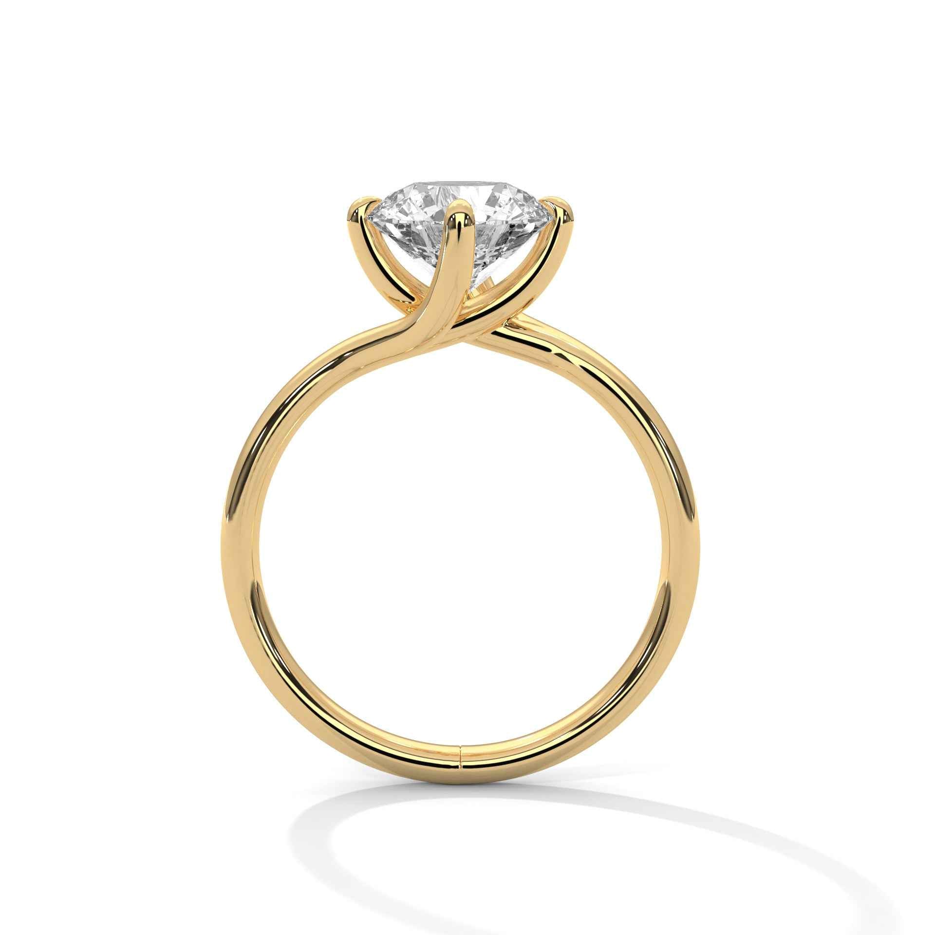 Yellow gold round solitaire engagement ring, split shank and prong-set diamond