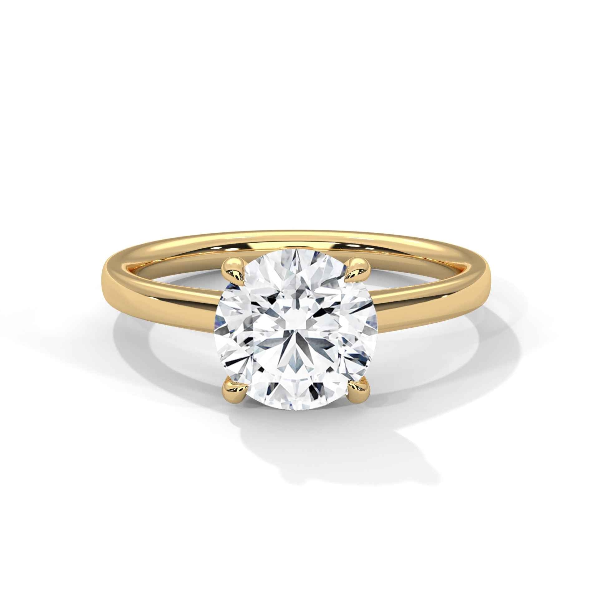 Yellow gold round diamond solitaire ring, raised round center stone