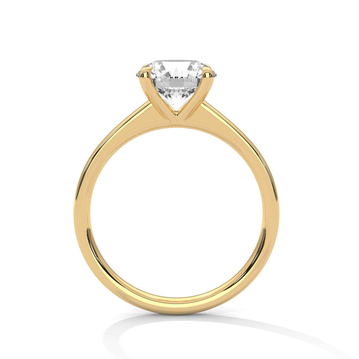 Yellow gold round diamond solitaire ring with four-prong setting, front view