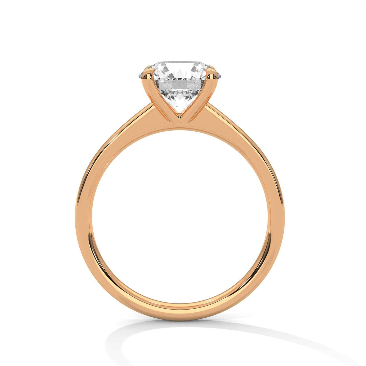 Rose gold round diamond solitaire ring with four-prong setting, front view