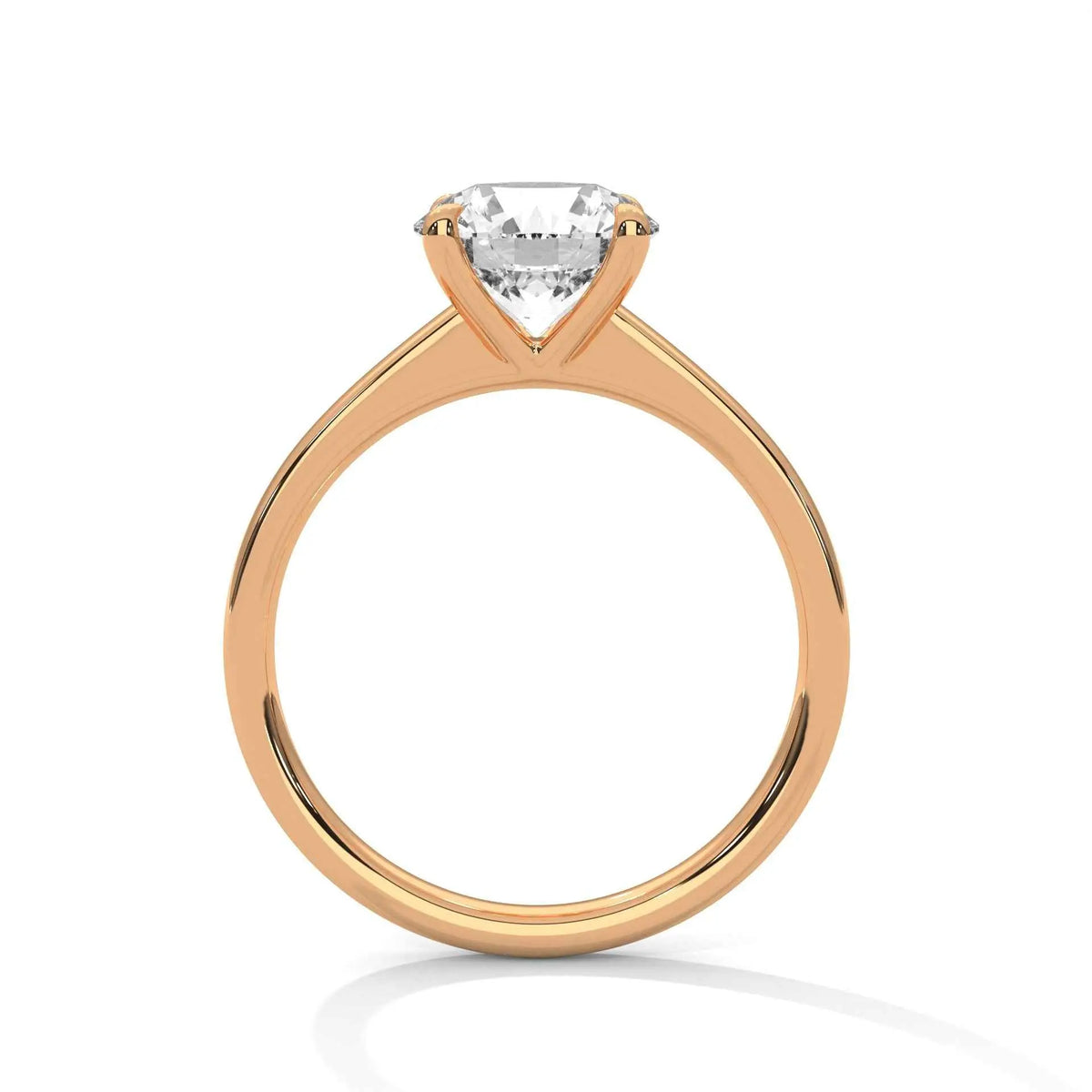 Rose gold round diamond solitaire ring with four-prong setting, front view