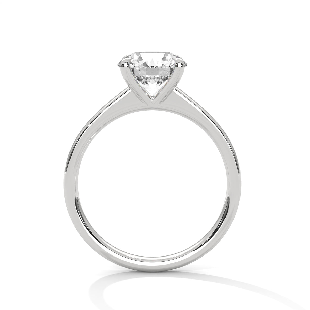 Platinum round diamond solitaire ring with four-prong setting, front view