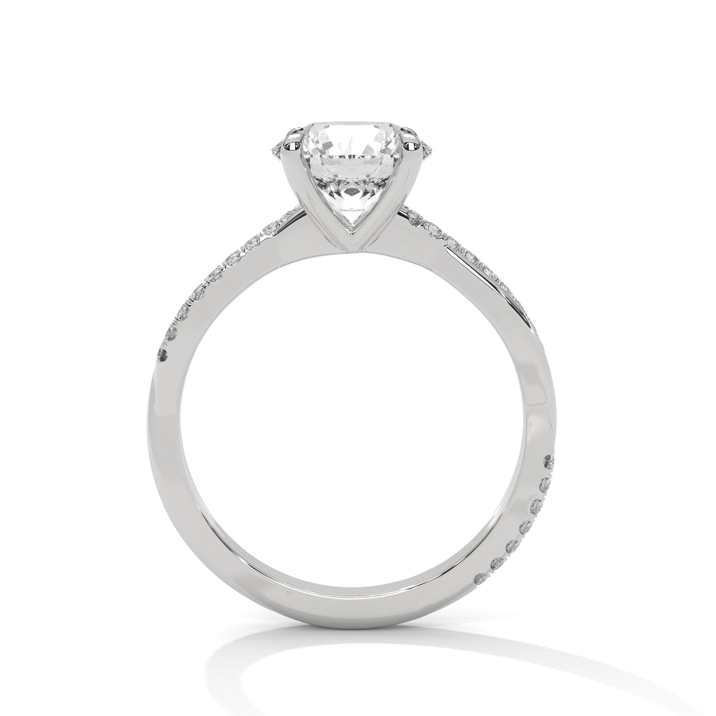 White gold engagement ring with round center diamond and twisted pavé vine band
