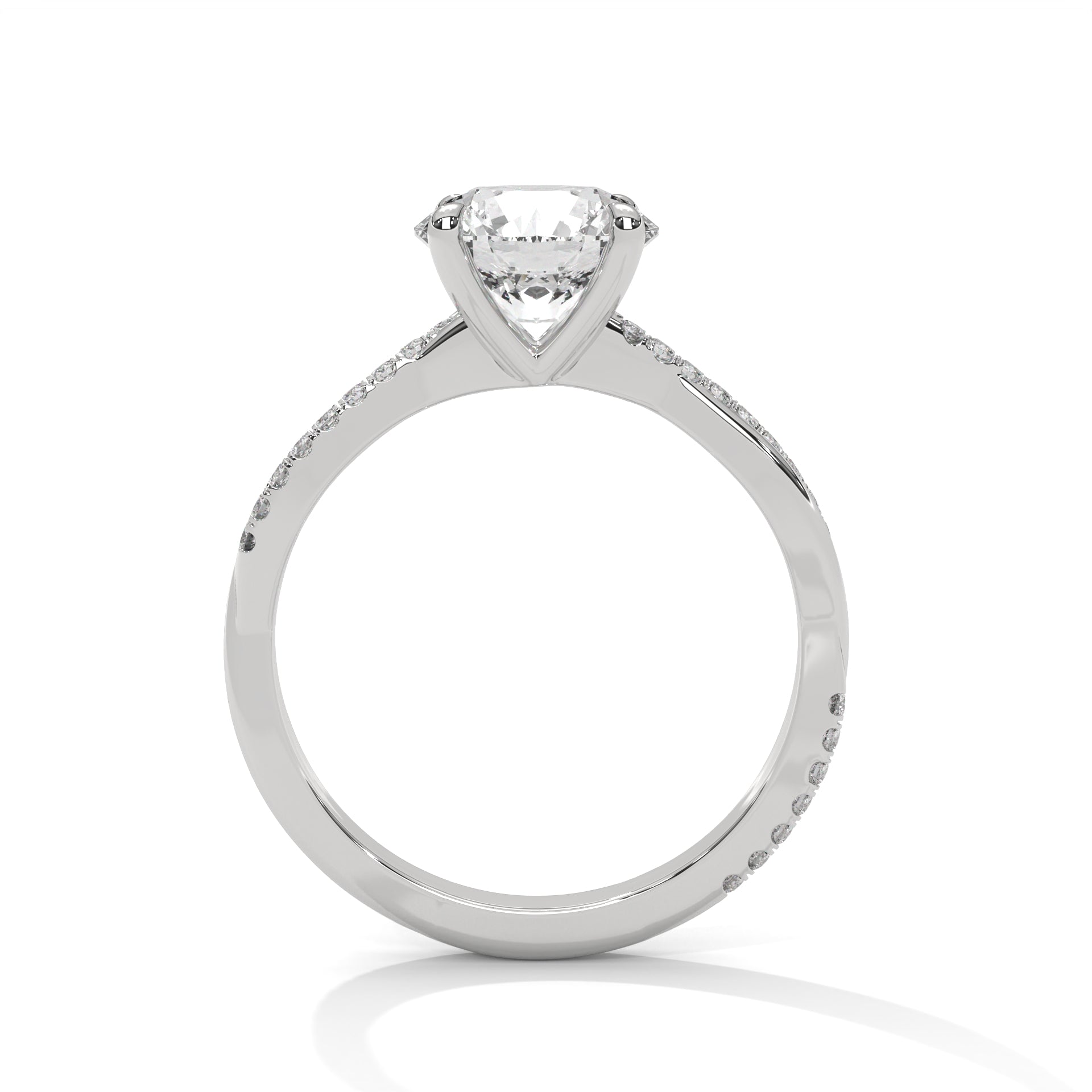 White gold engagement ring with round center diamond and twisted pavé vine band