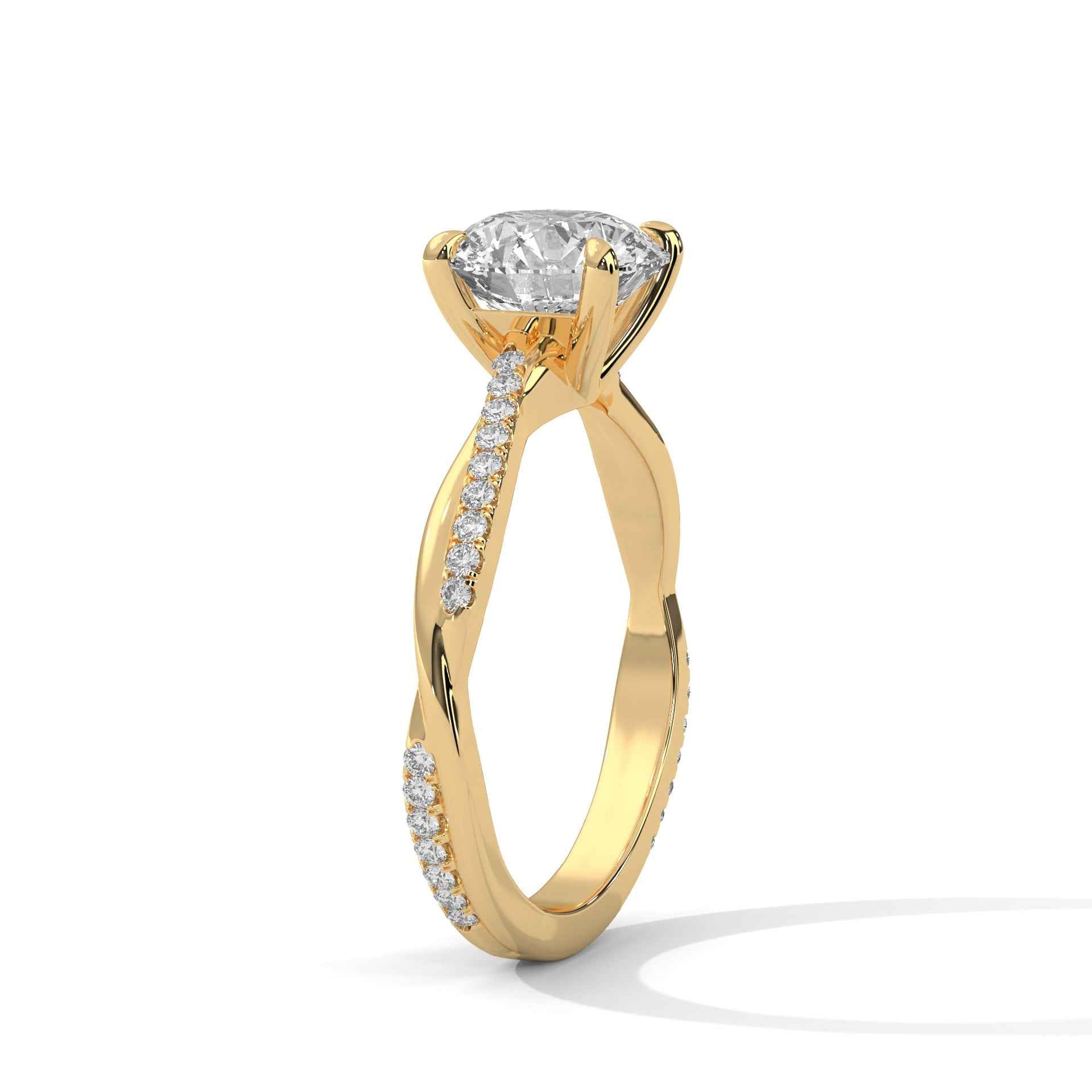 Yellow gold diamond engagement ring with prong-set center diamond and pavé side stones