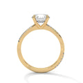 Yellow gold diamond engagement ring with pavé accents and raised center diamond