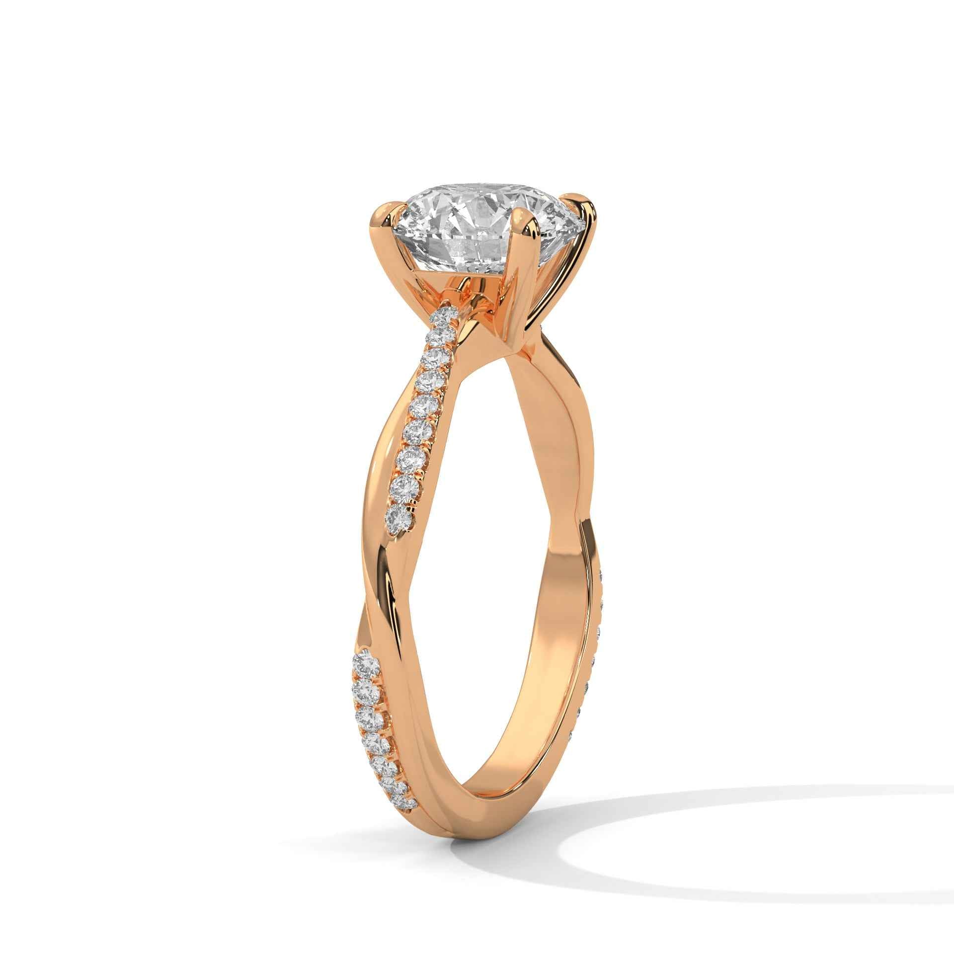 Rose gold diamond engagement ring with prong-set center diamond and pavé side band stones