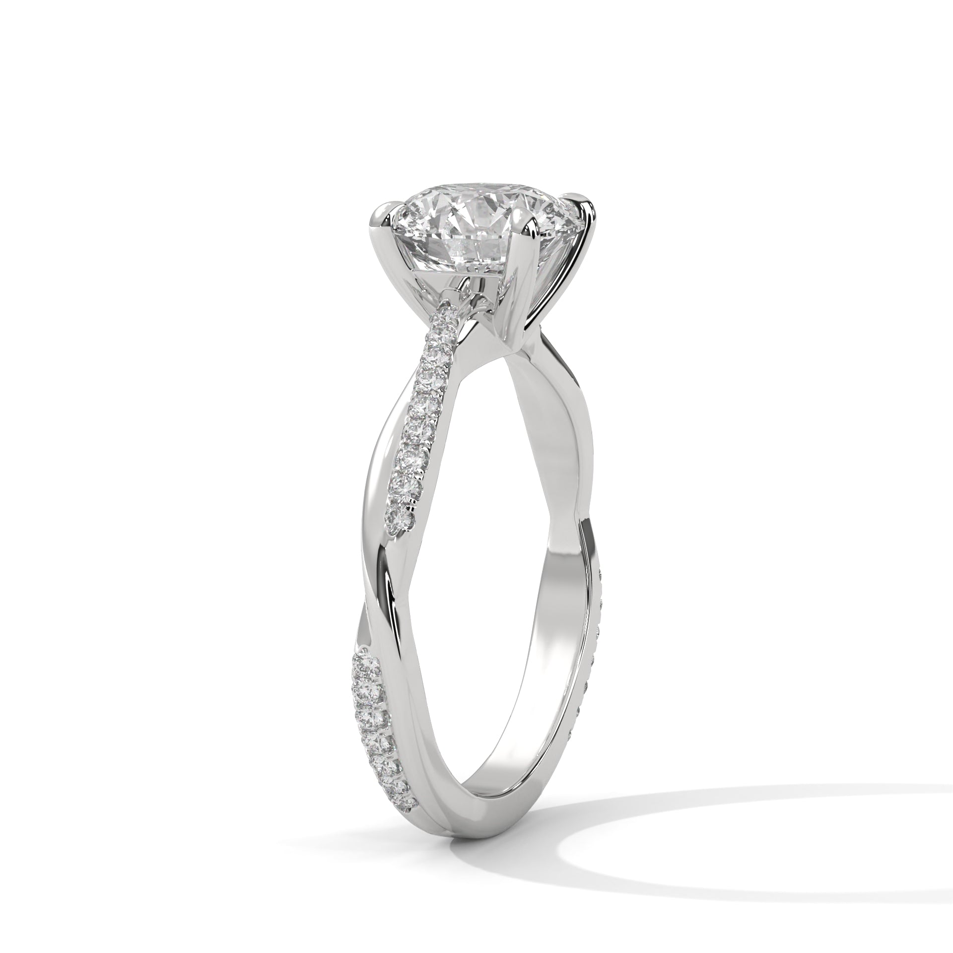 White gold engagement ring with round center diamond and pavé vine detailing on shank