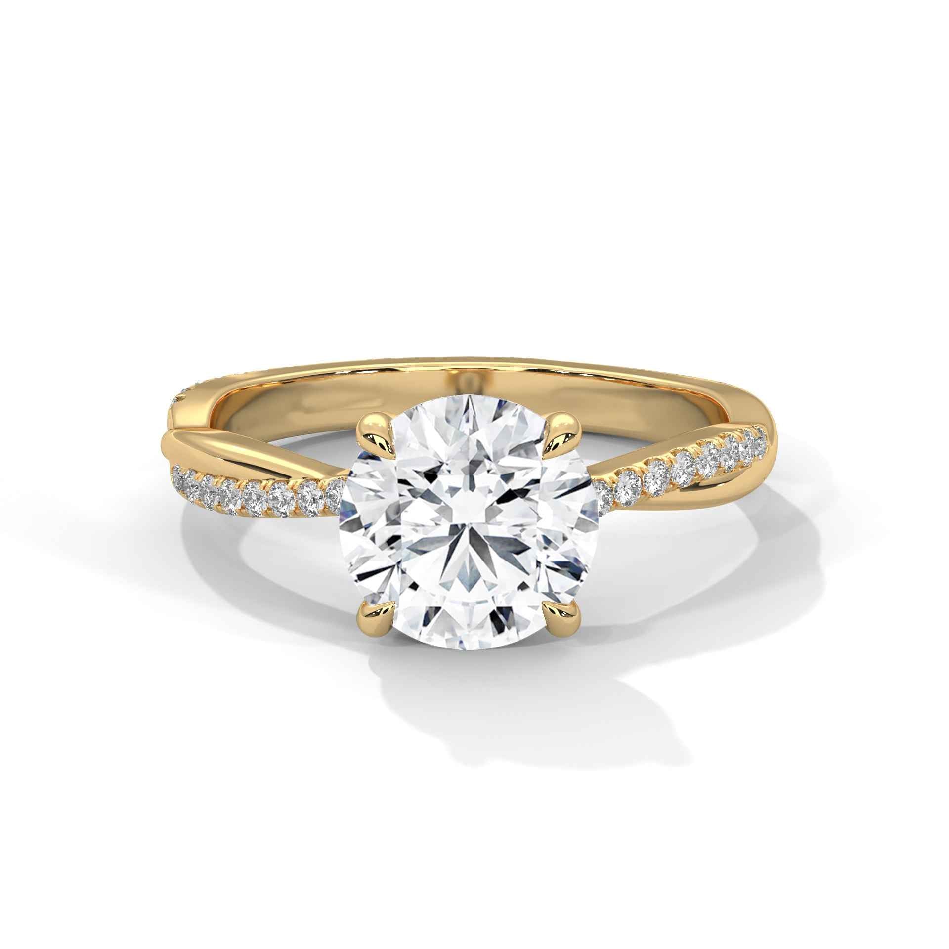 Round diamond ring with yellow metal twisted band and side pavé accents