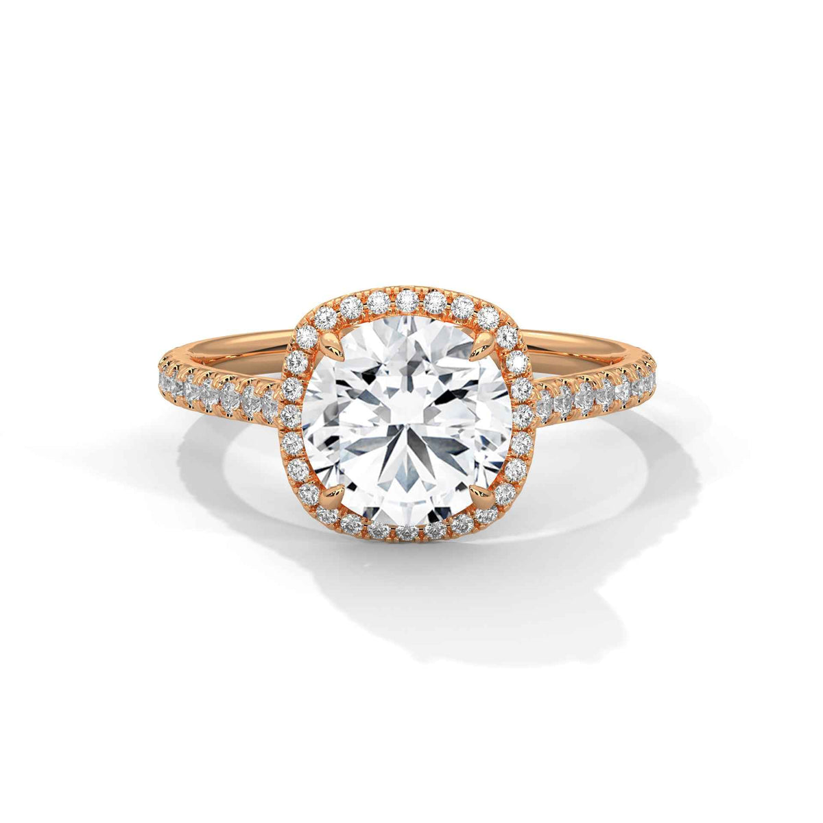Cushion halo diamond ring with cushion center stone and pavé halo in rose gold