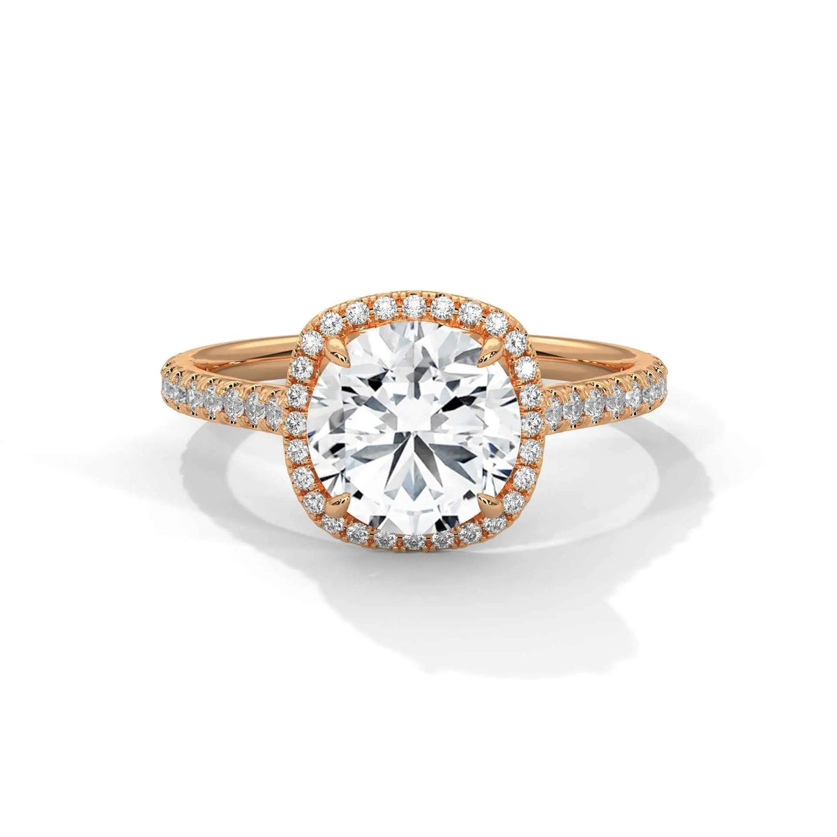 Cushion halo diamond ring with cushion center stone and pavé halo in rose gold
