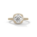 Cushion halo diamond ring with large cushion center and pavé halo in gold