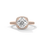 Rose gold cushion halo diamond ring with cushion center and side pave band